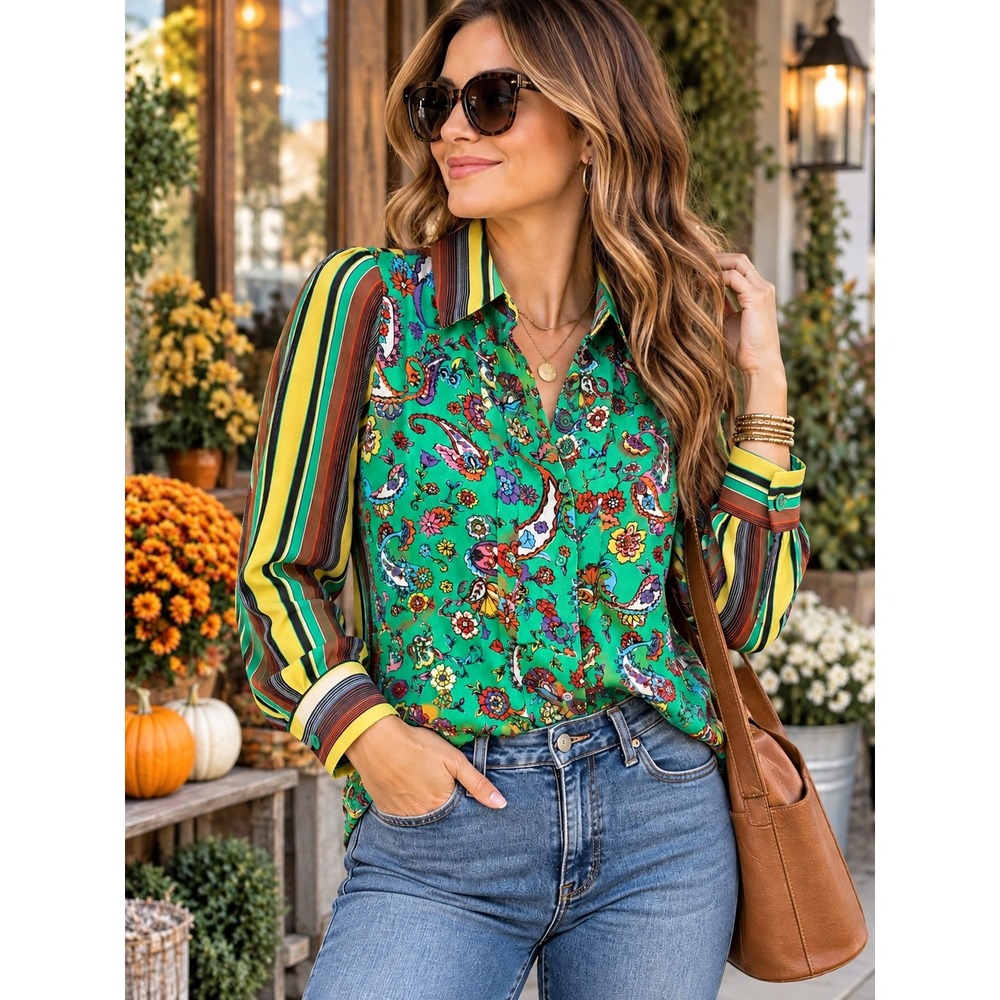 Duro Olowu for JCP Women's S Green Paisley Floral Stripe Button Blouse NWT
